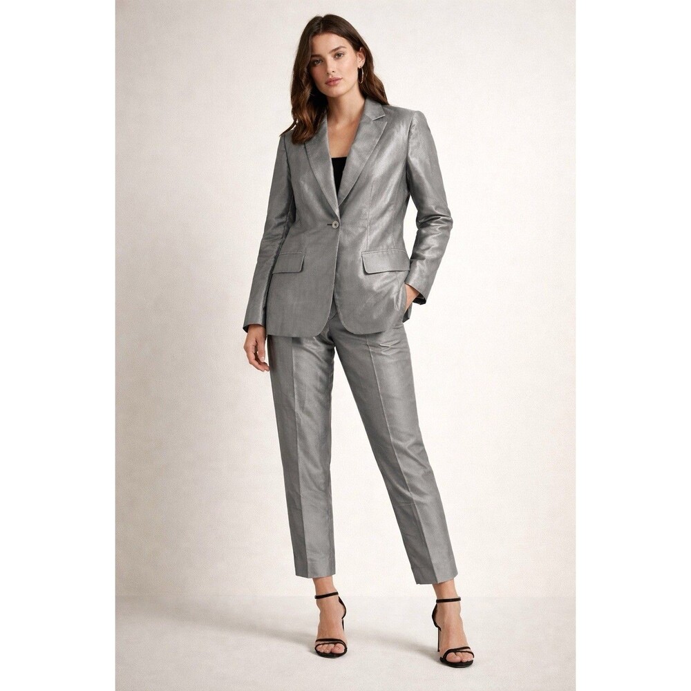 Valerie Stevens Vintage 90s Metallic Silver Two Piece Suit 100% Silk Size 4